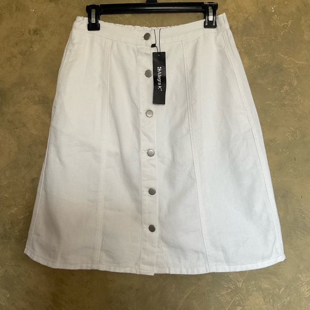 Allegra K NWT White Denim Midi Skirt Button Front A-Line High Waist Off White M
